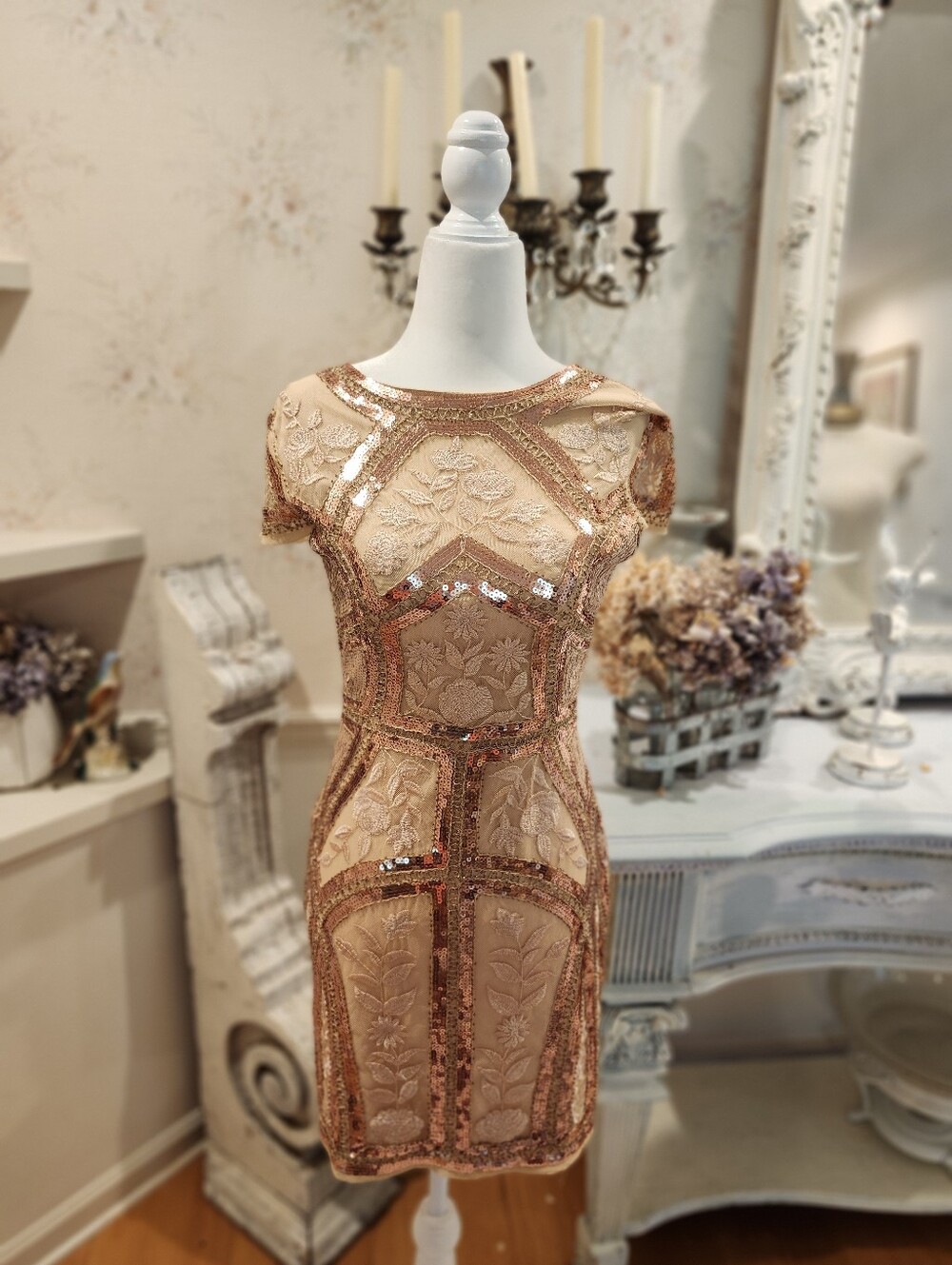 Lulus Rose Gold Sequin Embroidered Art Deco Cocktail Dress Size Small